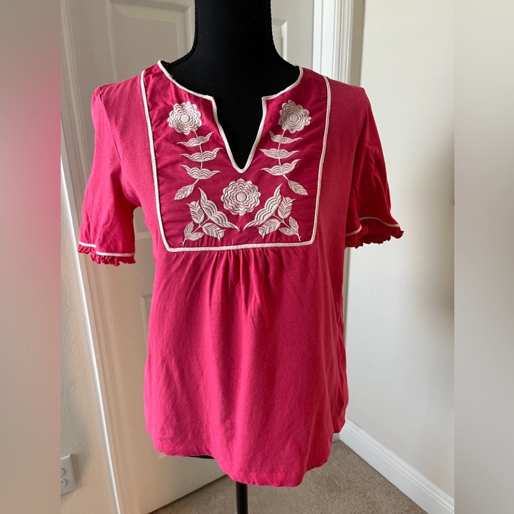 Tory Burch Fuchsia Short-Sleeve Embroidered V-Neck Top